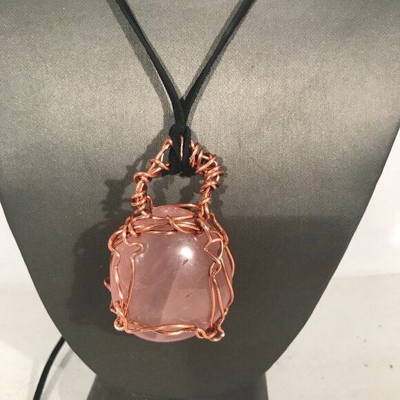 Rose Quartz Gemstone Solid Copper Pendant Unisex Genuine Leather Necklace Reiki